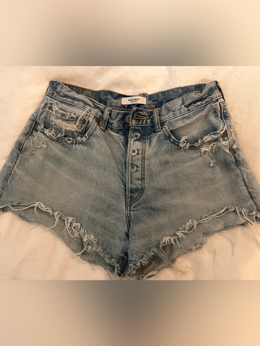 Moussy VINTAGE Distressed Light Blue Denim Shorts with Frayed Hem 28